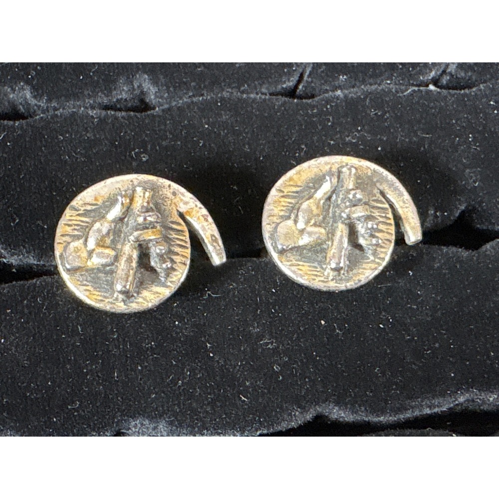 Vintage Brutalist Abstract Textured Gold Tone Spiral Round Toggle Cufflinks